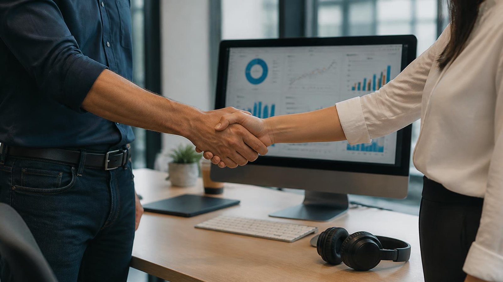 Una stretta di mano davanti a un monitor con grafici di analisi
