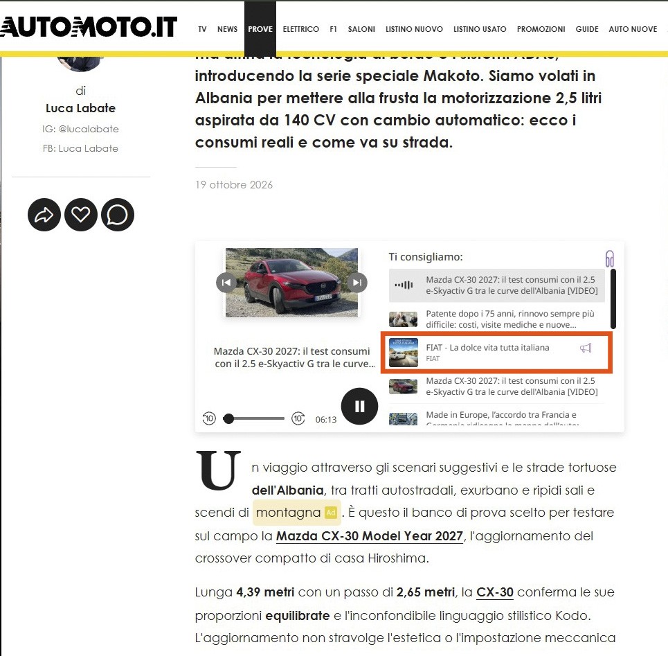 Esempio di Storycast su Automoto.it: nel widget player dell’articolo compare il suggerimento di ascolto del podcast FIAT - La dolce vita tutta italiana